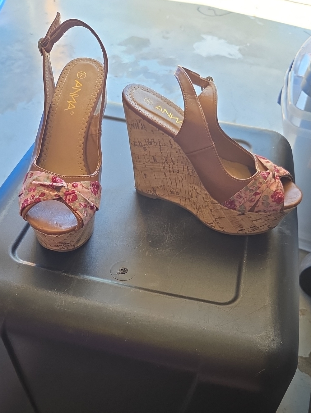 ANNA Pink Floral & Brown Cork Wedge Sandals